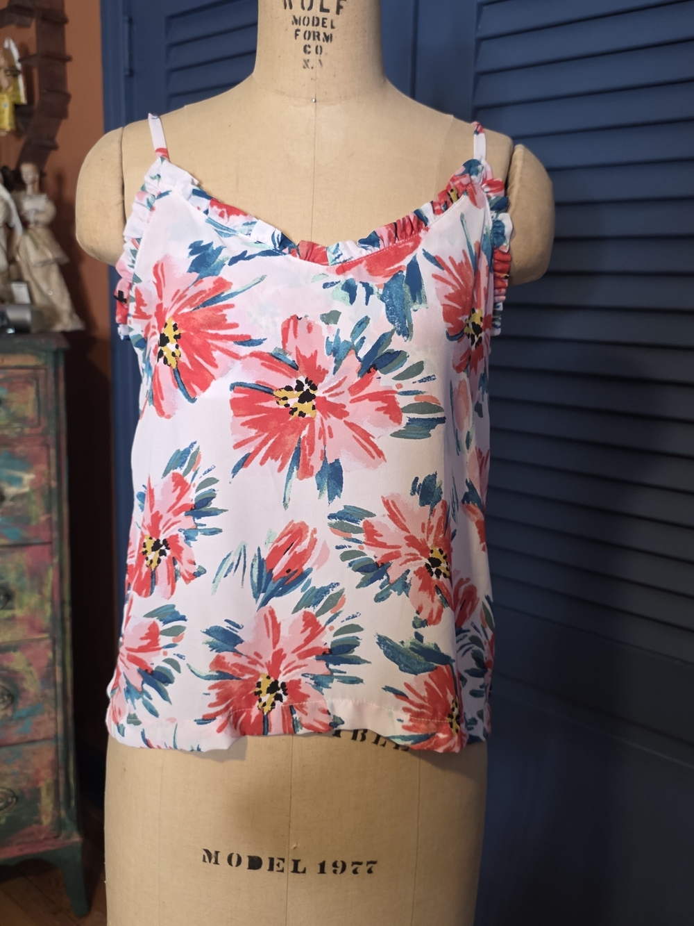 B Collection by Bobeau Vibrant Floral Ruffle Neck Blouse Top XS